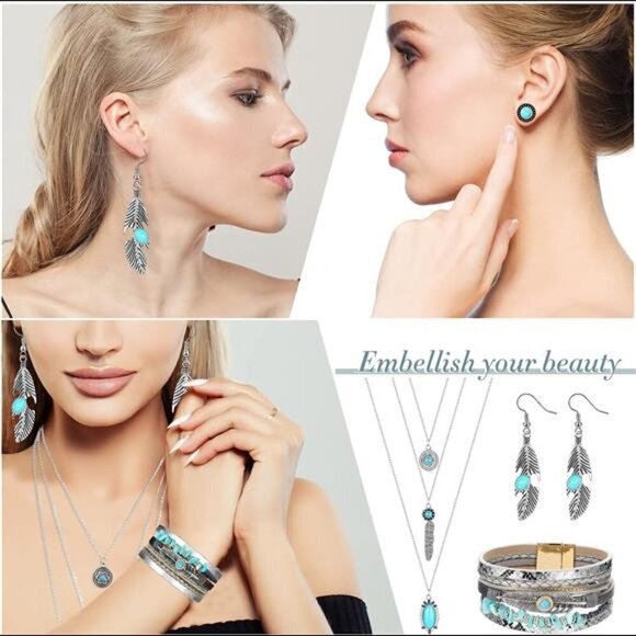 NEW 6 Pc Jewelry Set for Women Boho Turquoise Necklace Bracelet Earring … - Picture 3 of 5